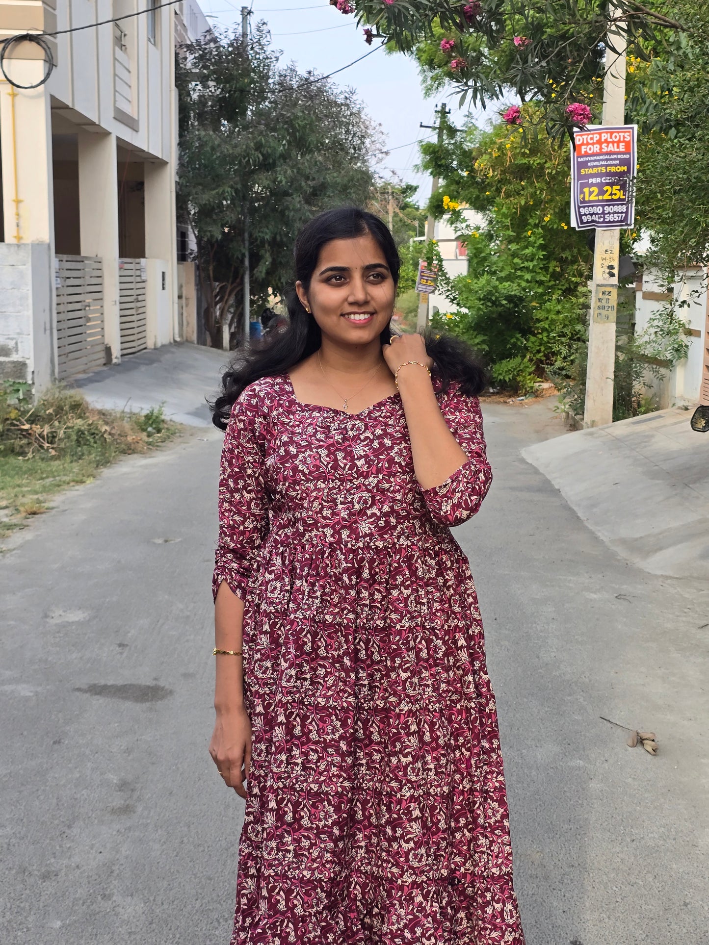 Wine Full Kalamkari Cotton Feeding Maxi