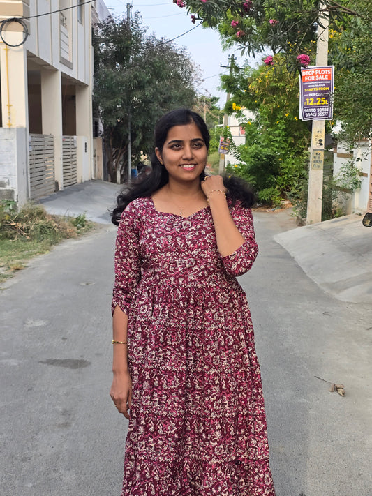 Wine Full Kalamkari Cotton Maxi