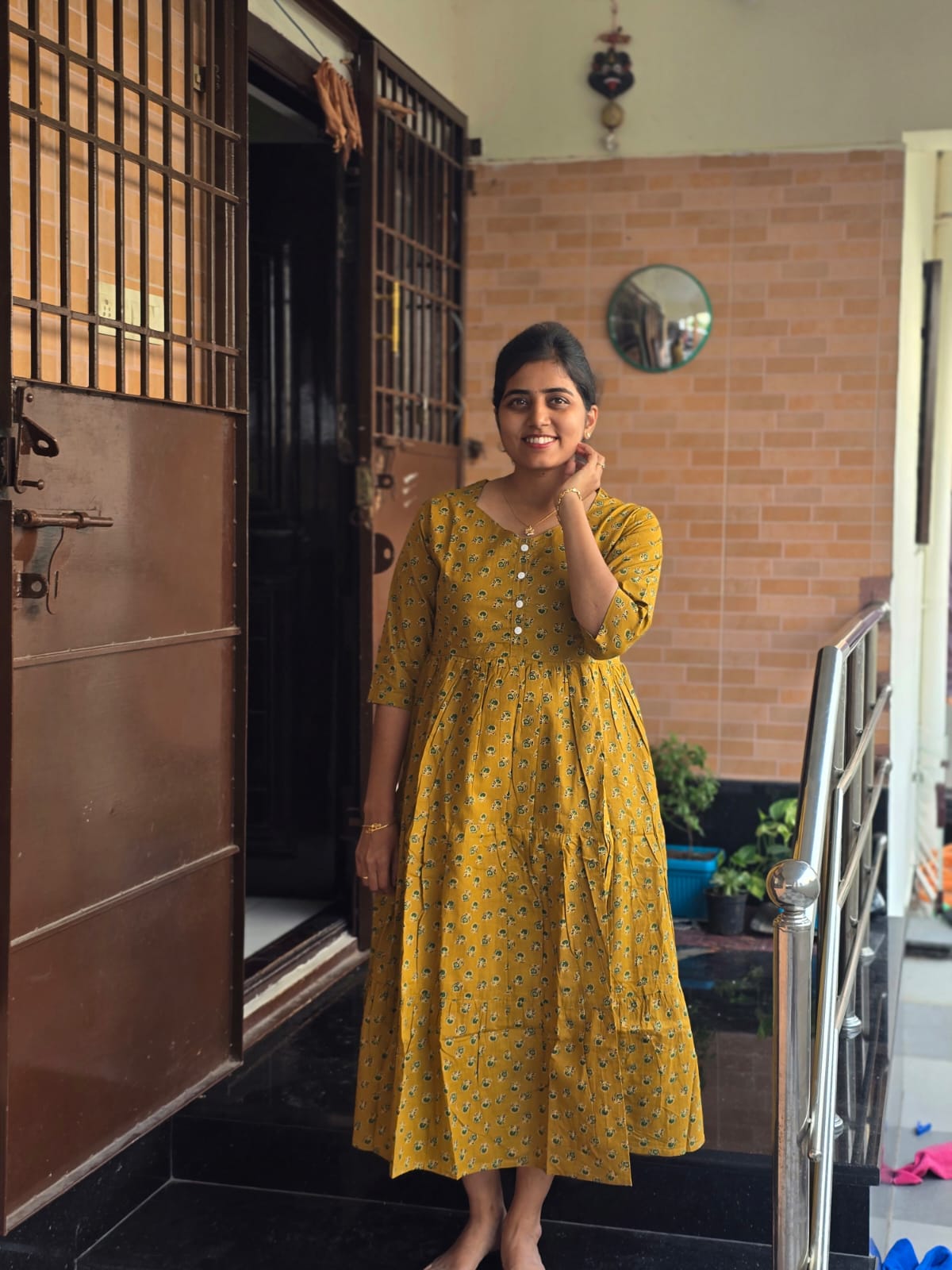 Mustard yellow Center button frock style Maxi