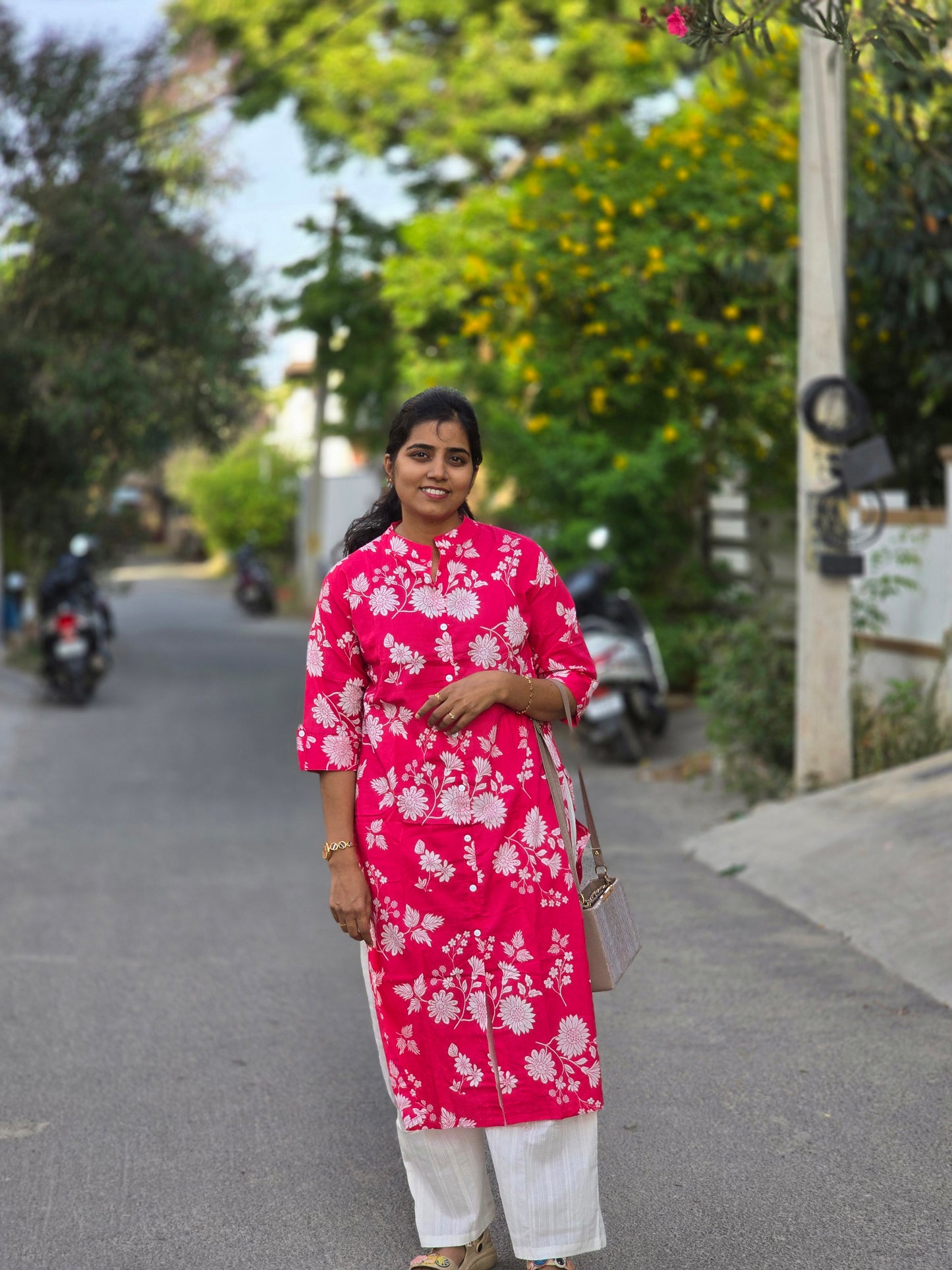 Pink white sunflowers white pant kurti set
