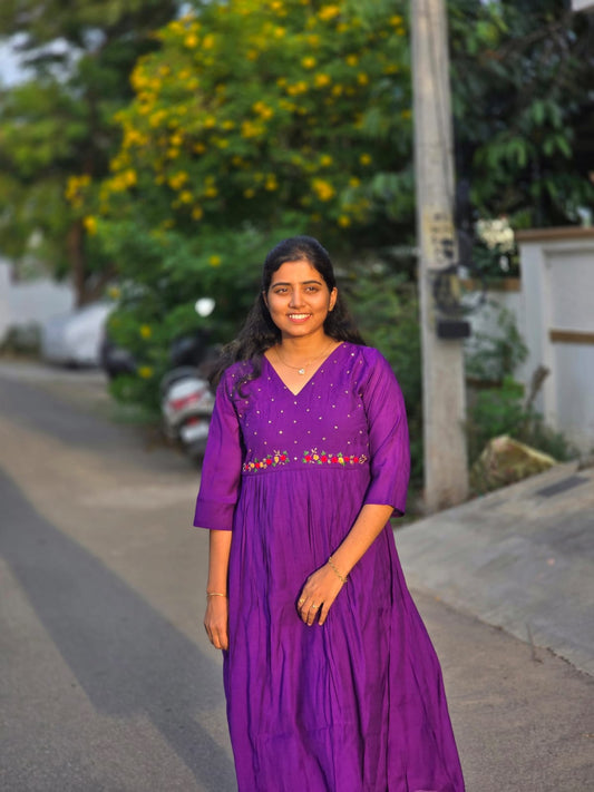 Violet cut beads & thread embroidery kurti set