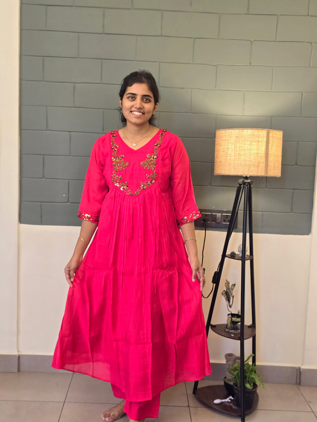 Rani Pink golden beads & sequin Handwork embroidery kurti set