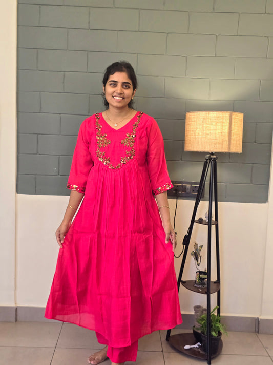 Rani Pink golden beads & sequin Handwork embroidery kurti set