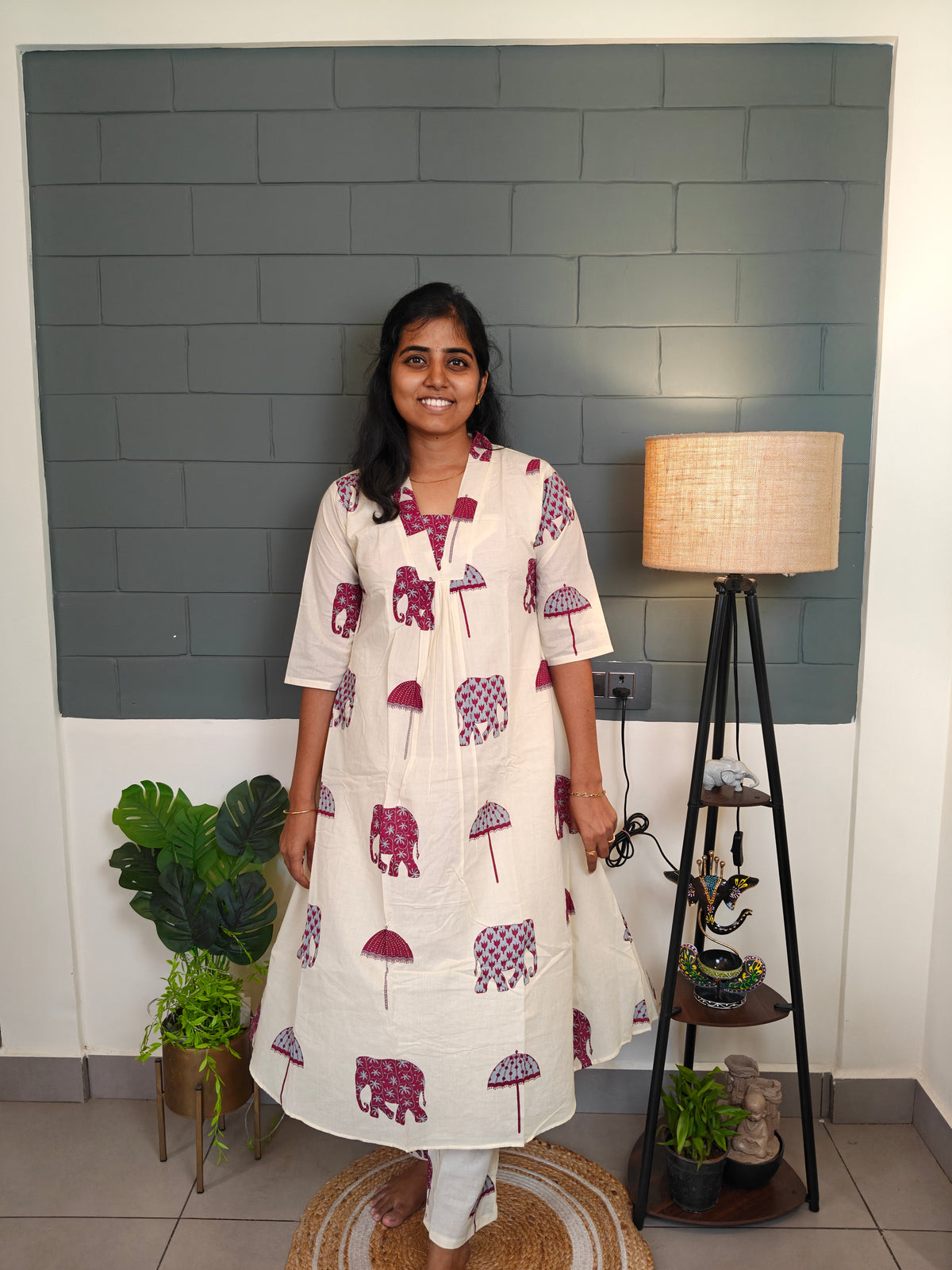 Maroon Elephant & Umbrella printed Kurti Set with Lining