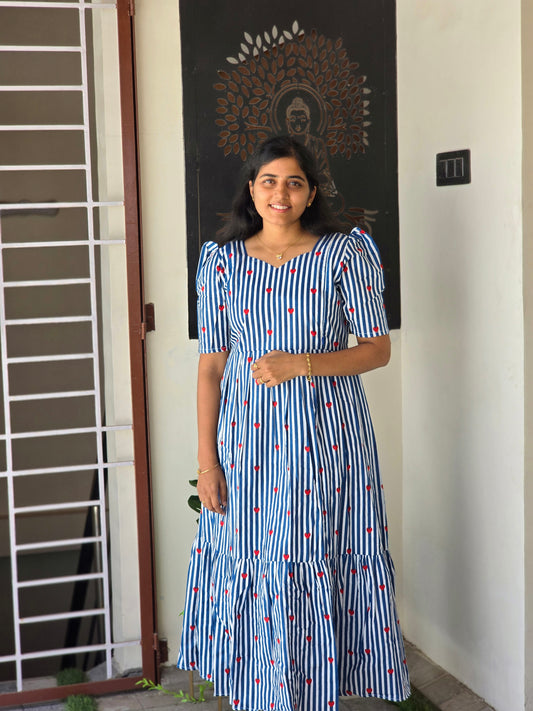 Blue - white striped red heart printed non Feeding Maxi