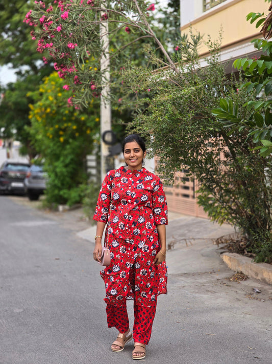 Red Floral print kurti set
