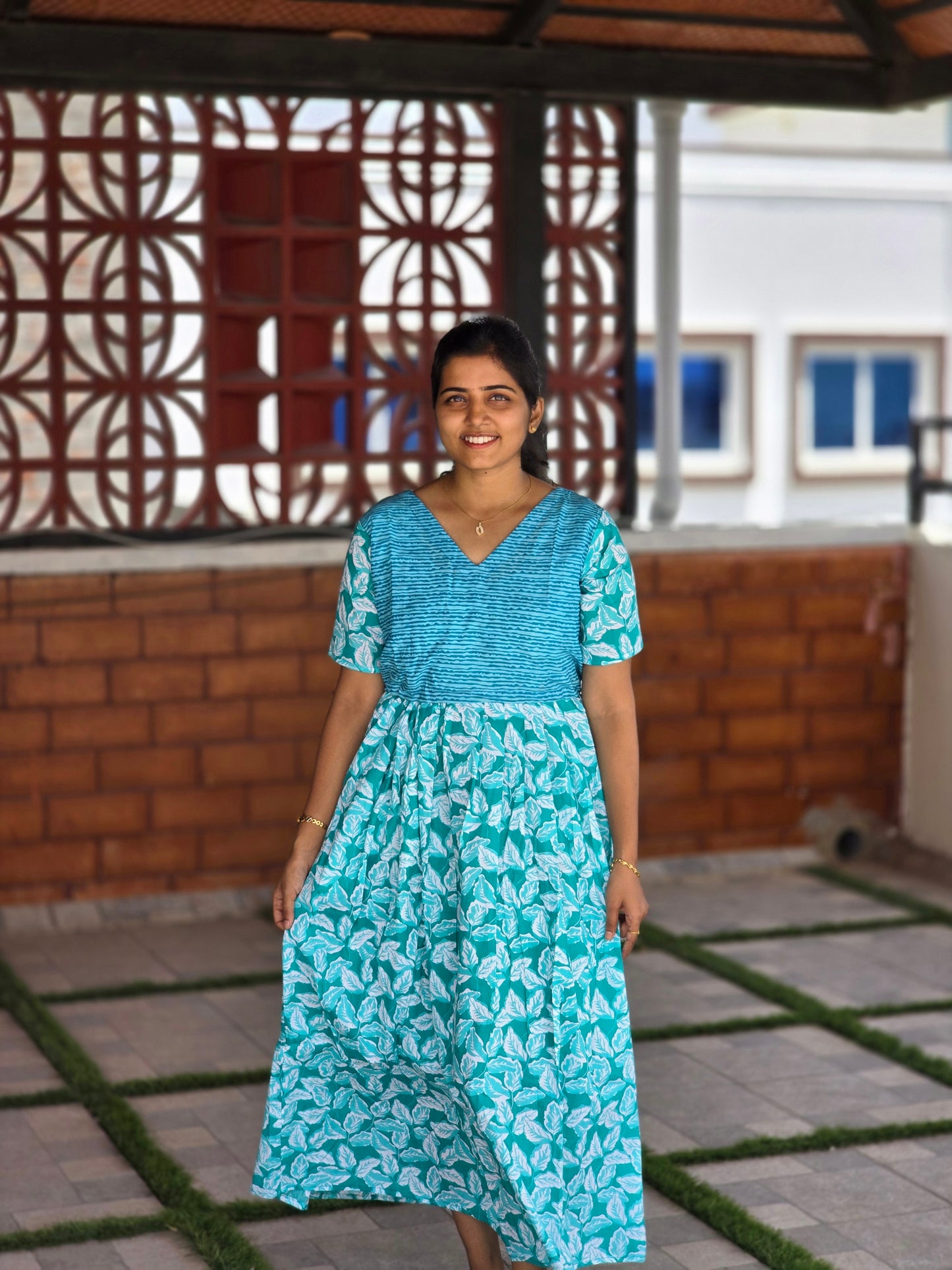 Aqua Blue Tie up Cotton Feeding Maxi