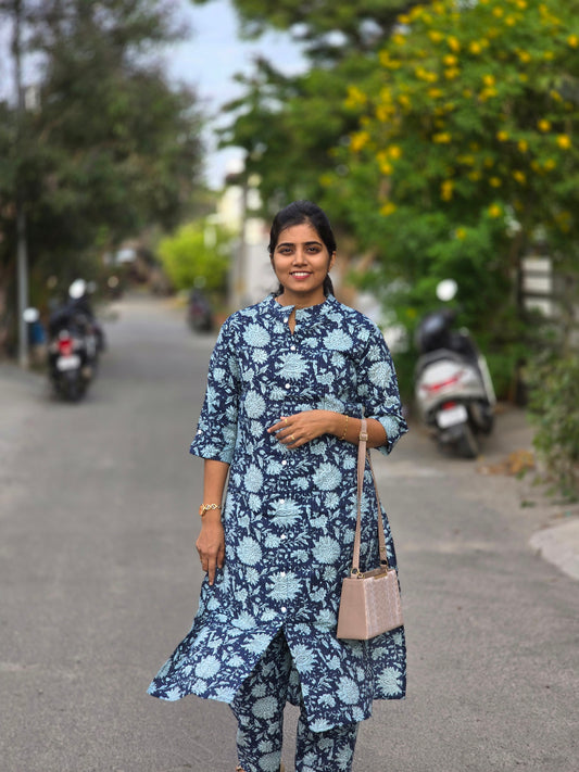 Blue with white flowers kurti set