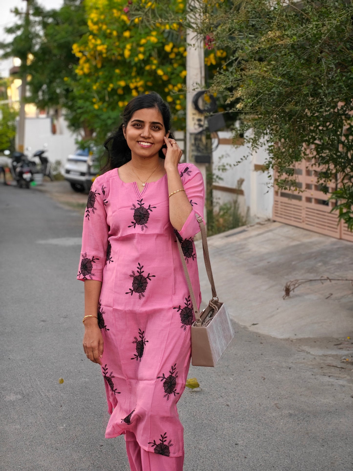 Baby pink with Black embroidery Kurti Set with Lining