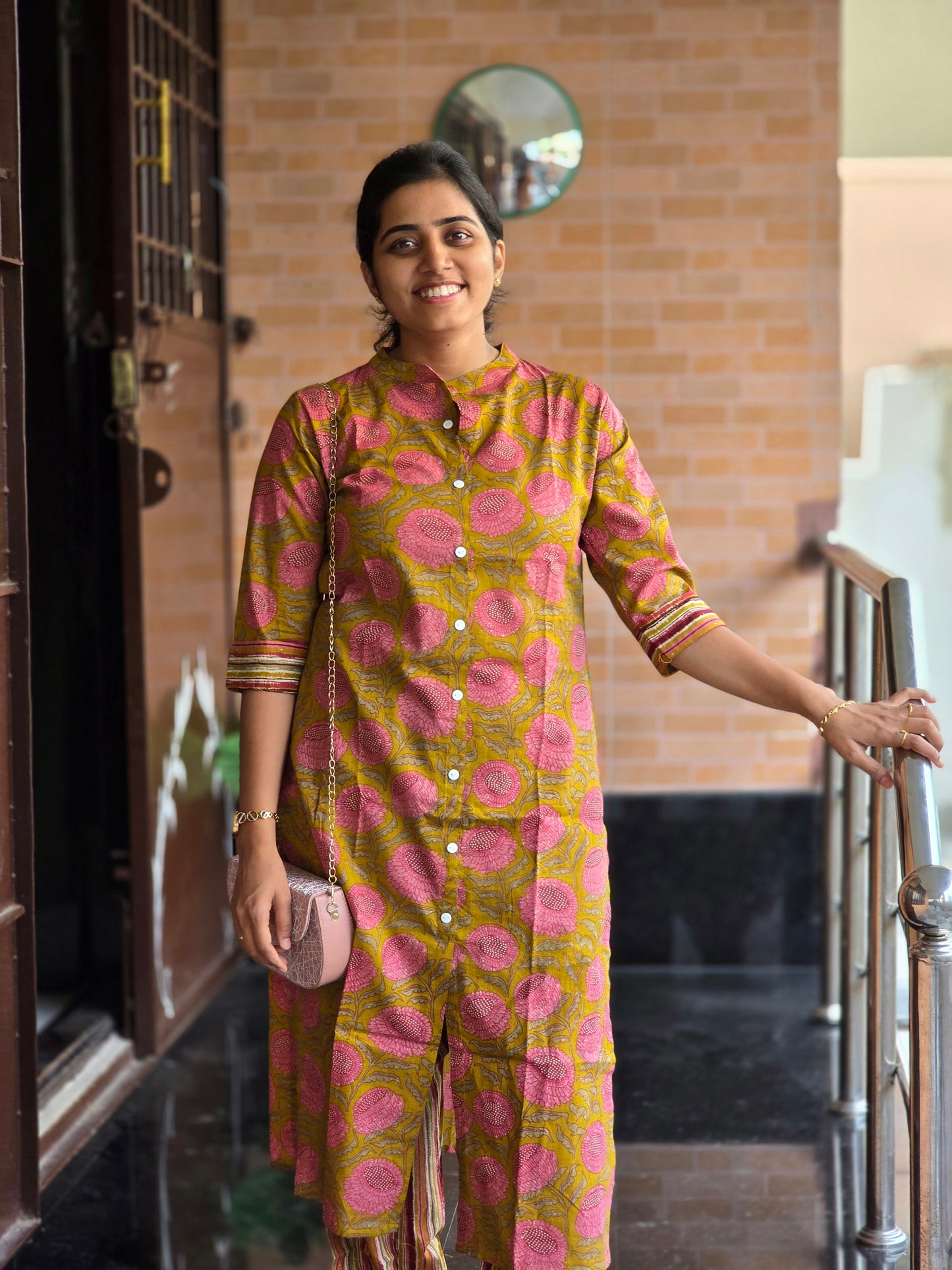 Mustard Yellow Peach Flowers kurti set