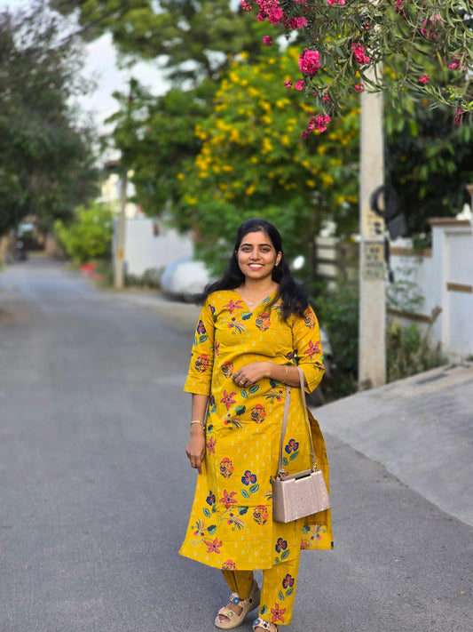 Yellow Flowers Kurti Set with Lining
