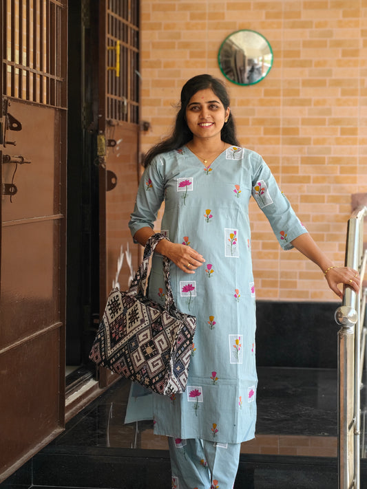 Ice blue Lotus print cotton Kurti Set with Lining