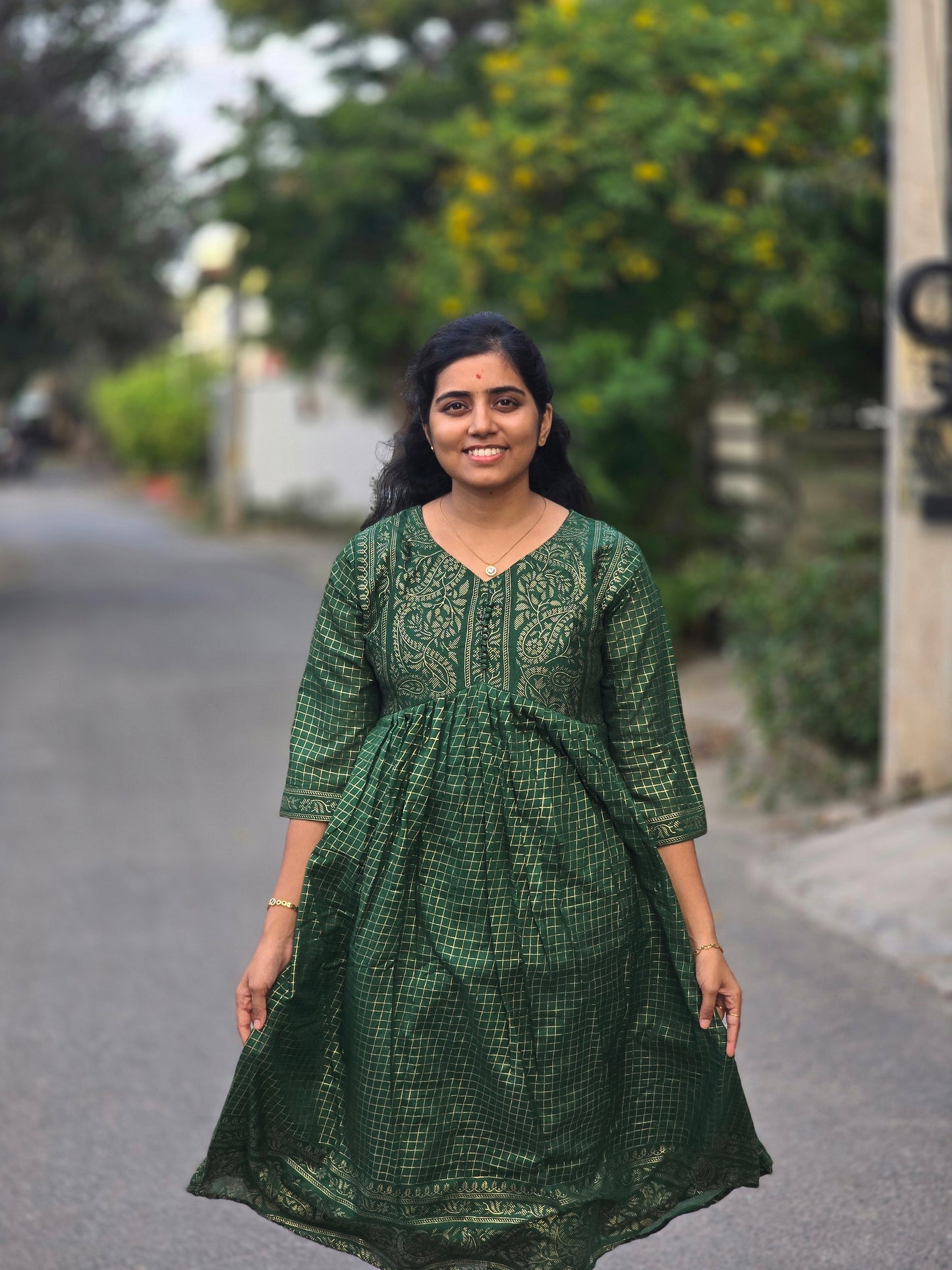 Dark green Kalyani check Festive maxi