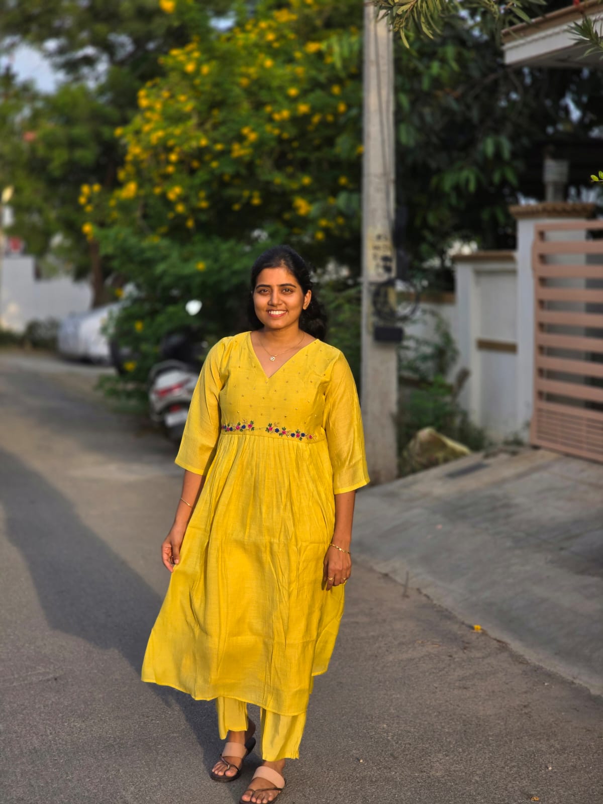 Lemon Yellow cut beads & thread embroidery kurti set