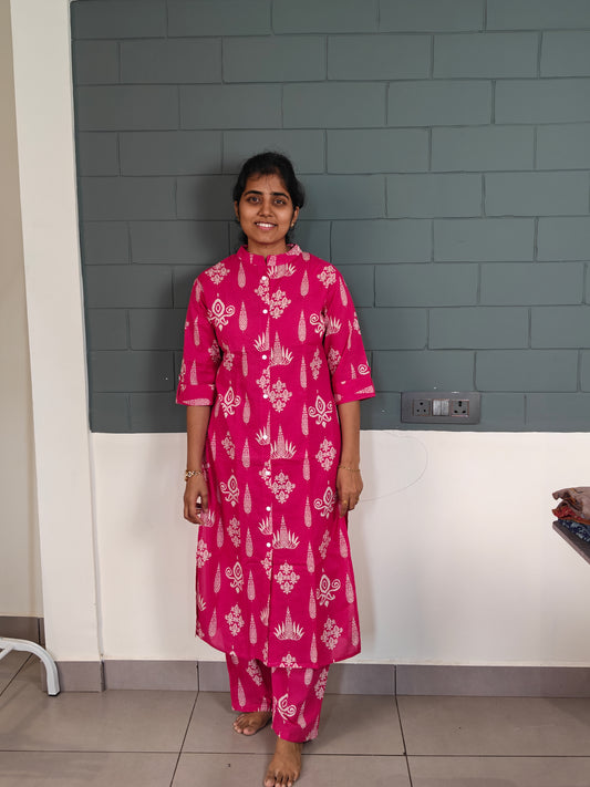 Hot pink block style design kurti set