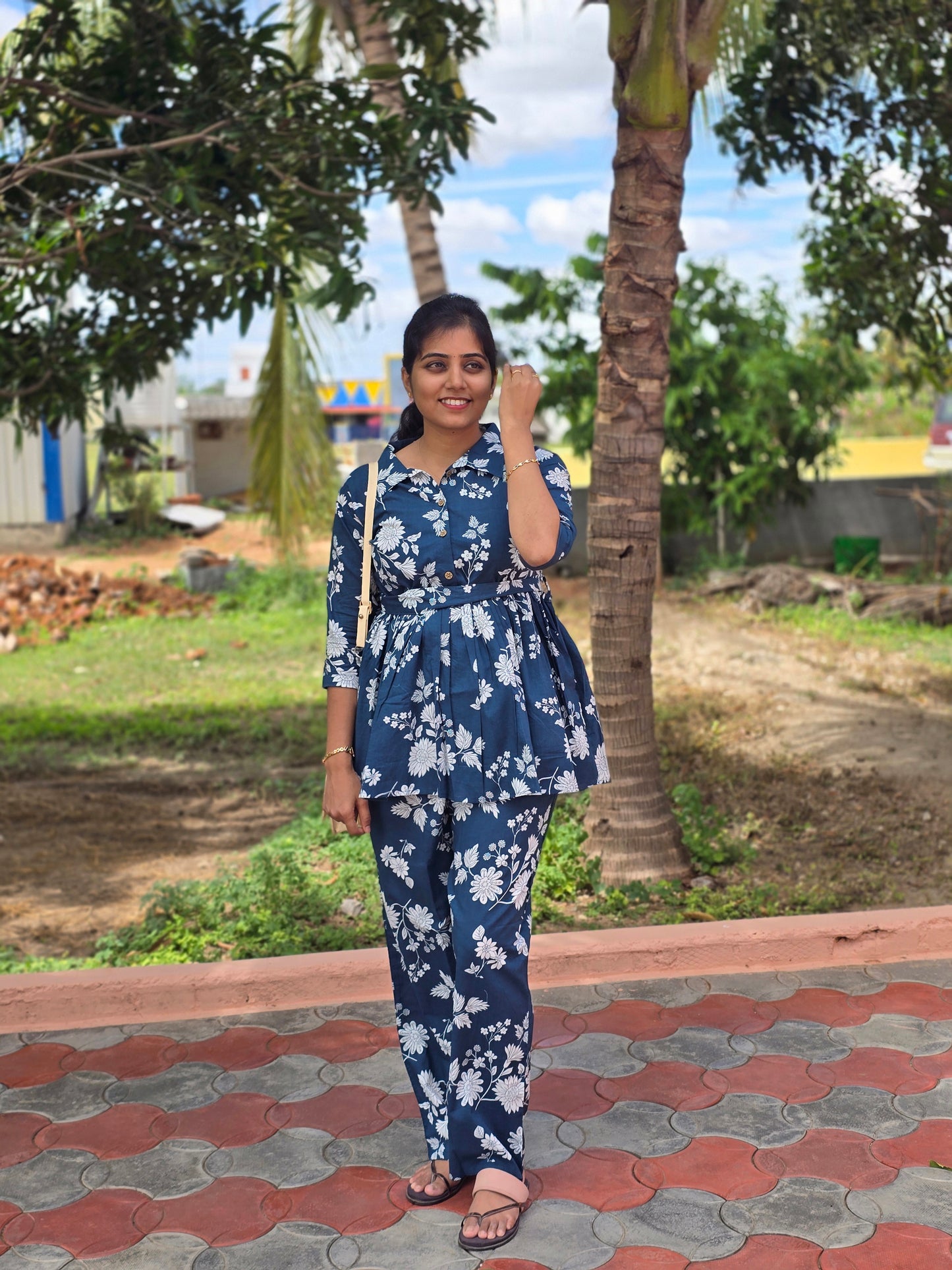 Blue white florals Peplum coord set