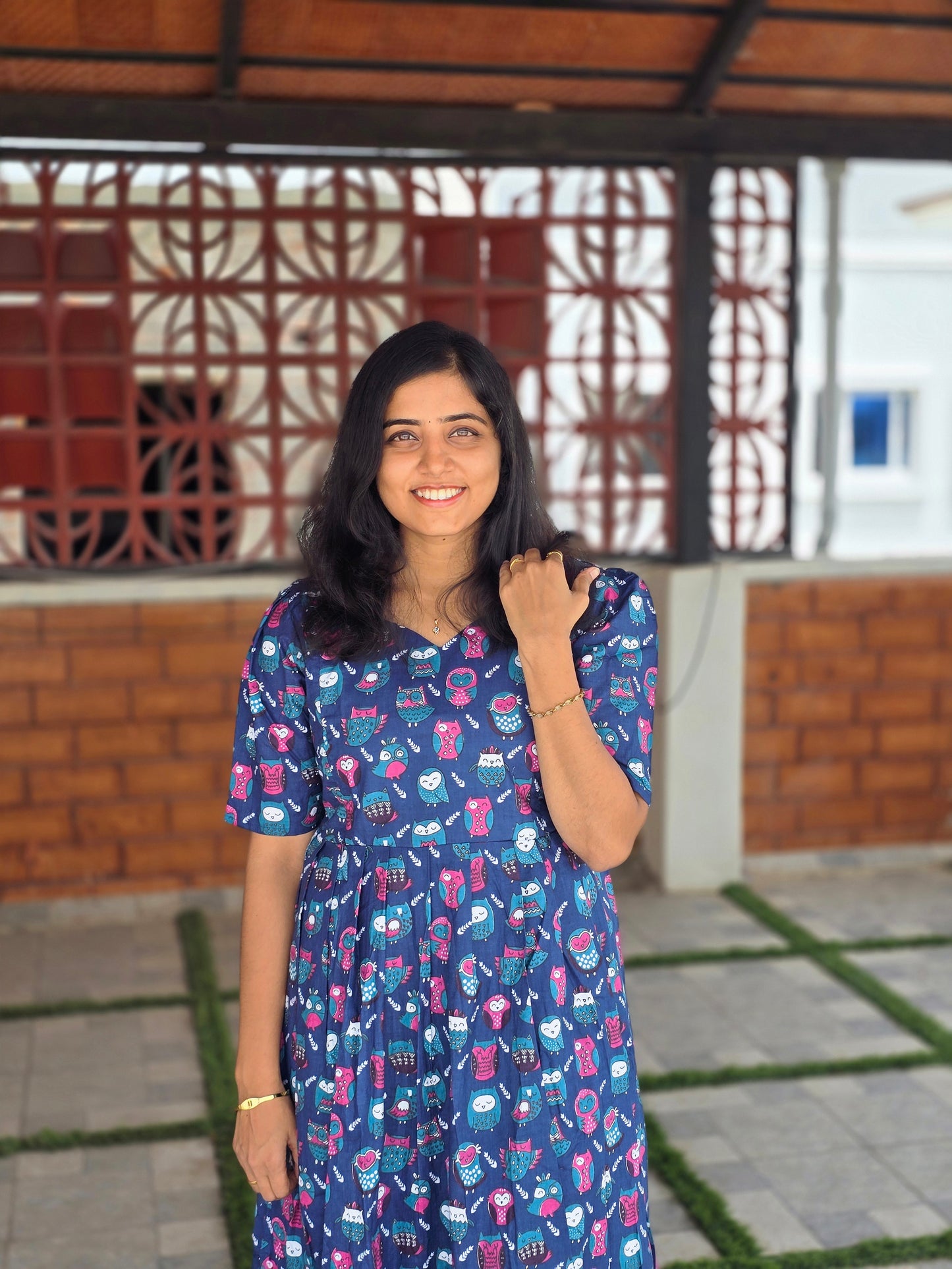 Blue owl print Cotton Feeding Maxi