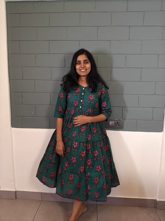 Dark green & red flower print frock maxi