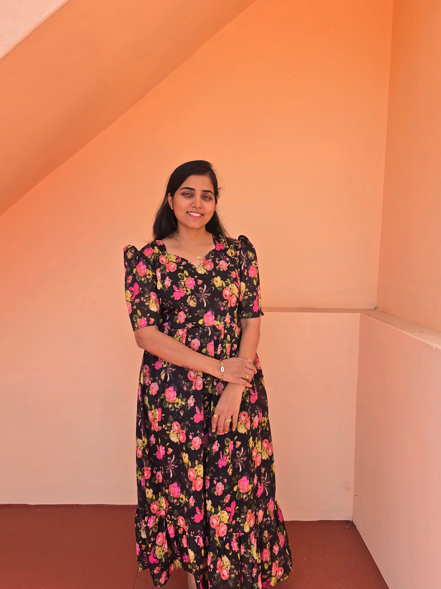 Black Colourful Roses print Feeding Maxi with Zip