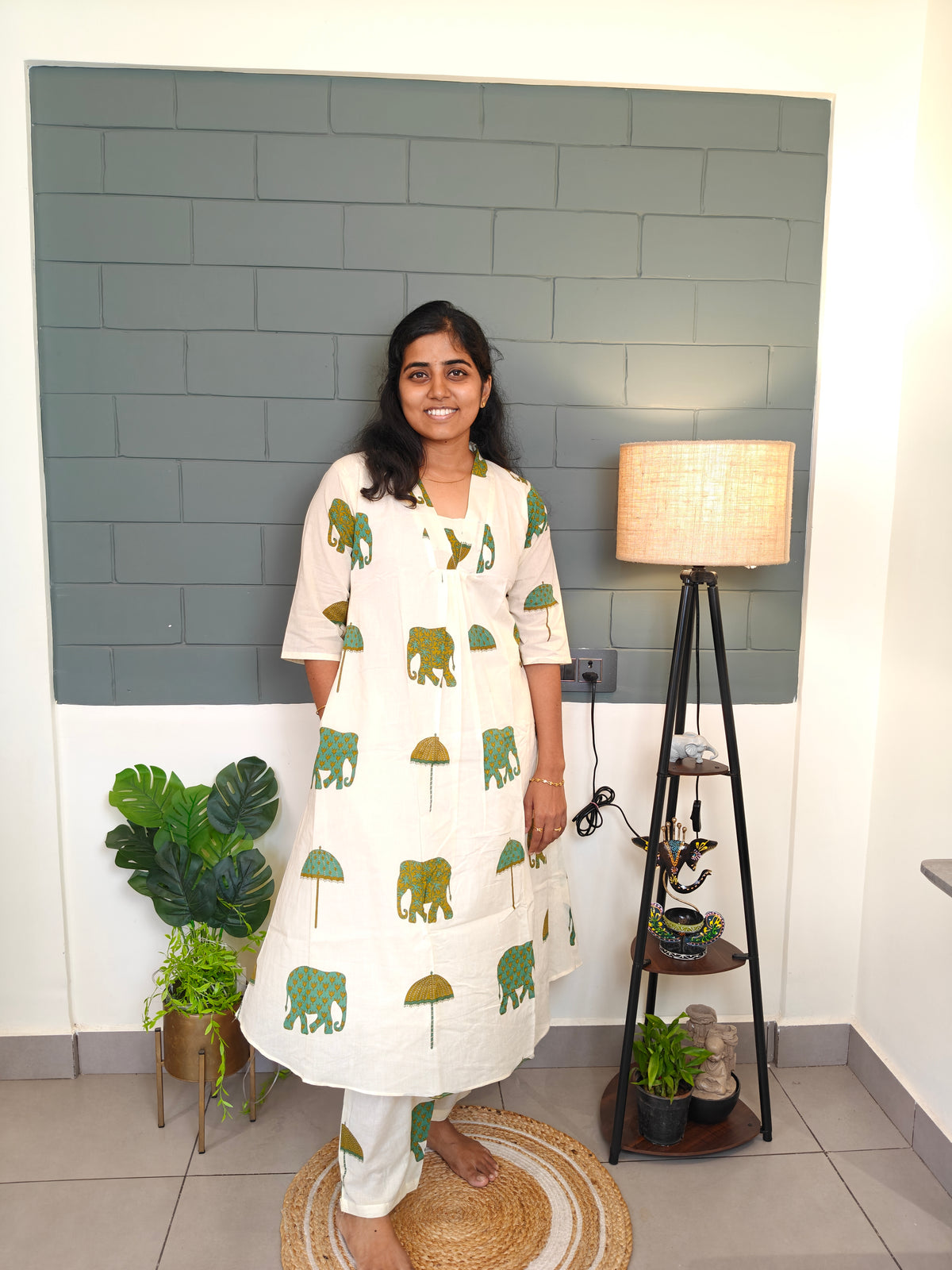 Mehandi Green Elephant & Umbrella printed Kurti Set with Lining