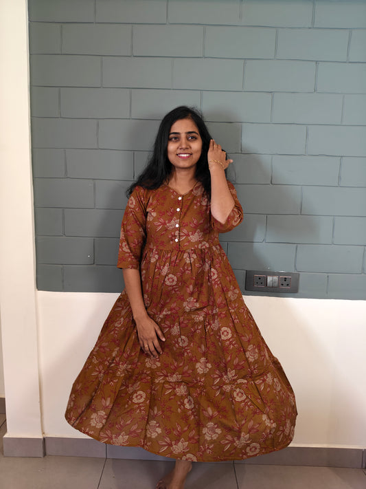 Brown & red leaf motif frock maxi
