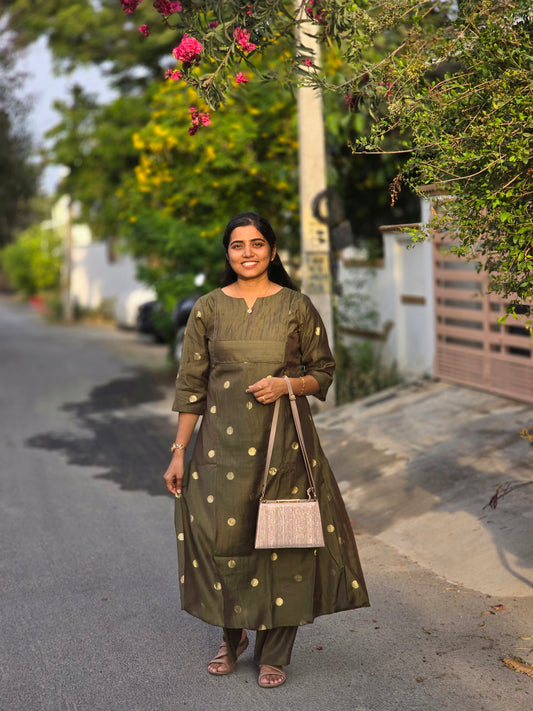 Olive green A- line Butta with lining kurti set