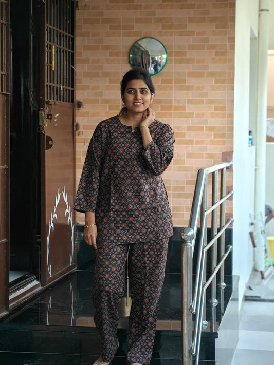 Dark brown ajrakh print intricate circular motif