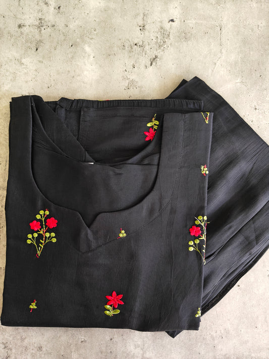 Black  Mul Chanderi U neck kurti set