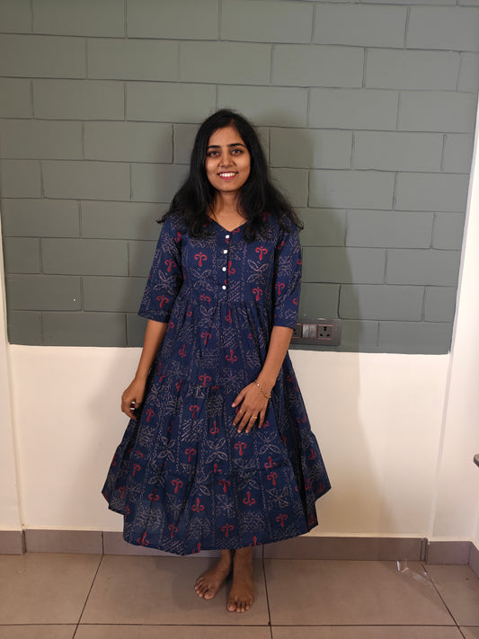 Navy blue red geometric pattern print frock maxi