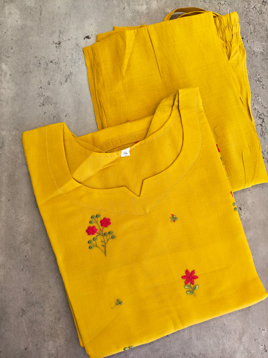 Yellow Mul Chanderi U neck kurti set