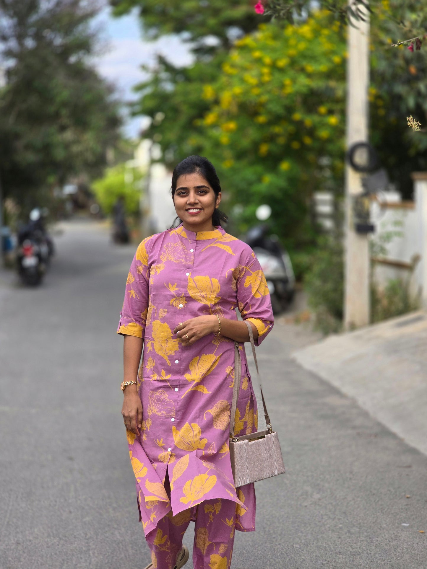 Lavendar base yellow floral kurti set