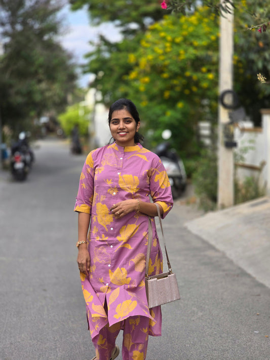 Lavendar base yellow floral kurti set