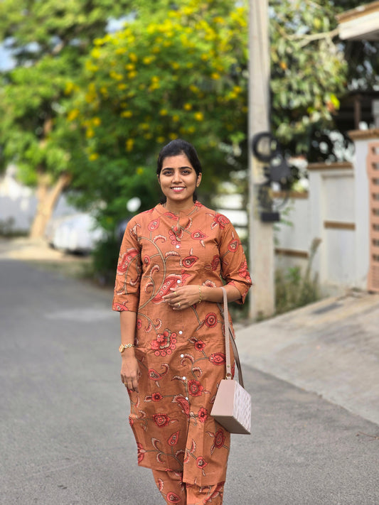 Orange peach bold botanical design kurti set