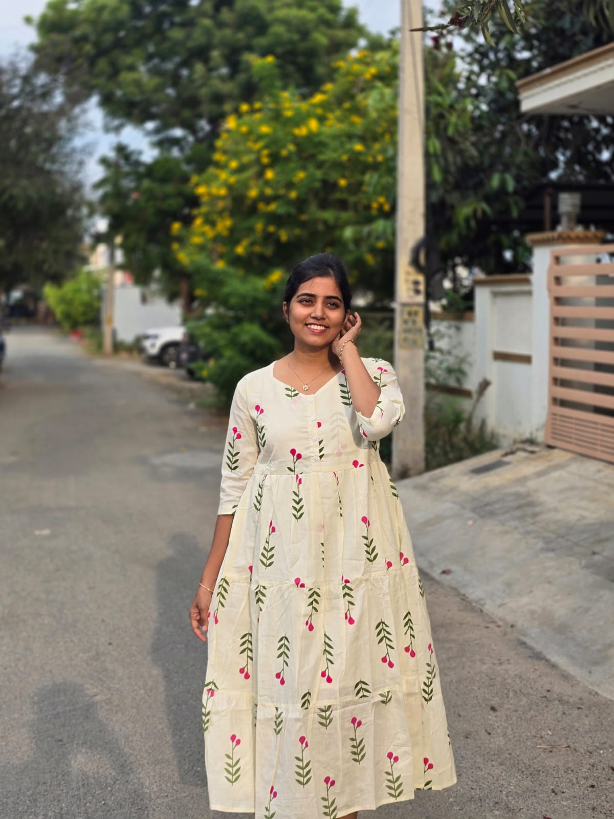 Pink Blossom Center button frock style Maxi