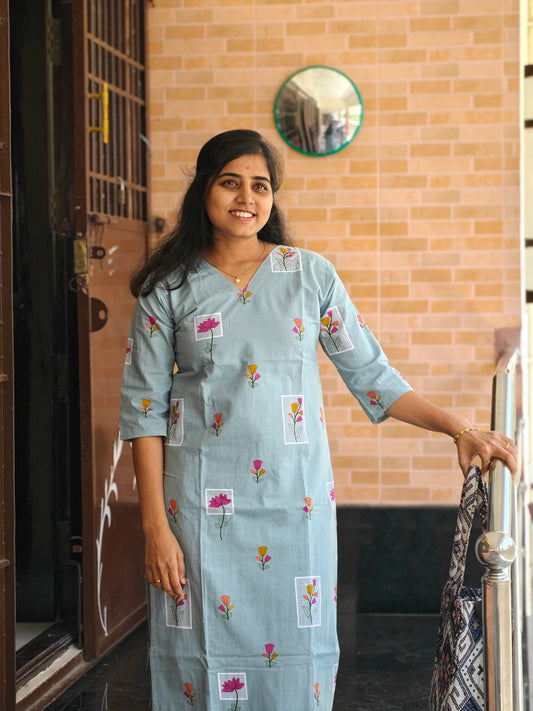 Ice blue Lotus print cotton Kurti Set with Lining