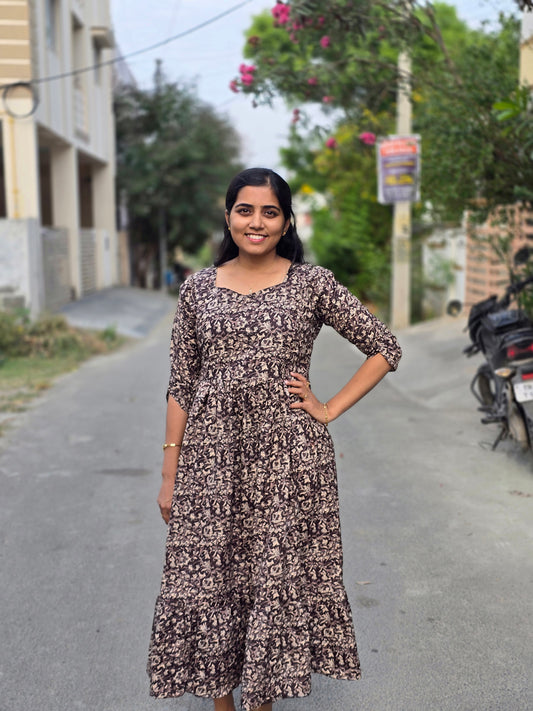 Brown Full Kalamkari Cotton Feeding Maxi