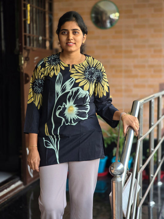 Black fabric yellow &blue floral short Top