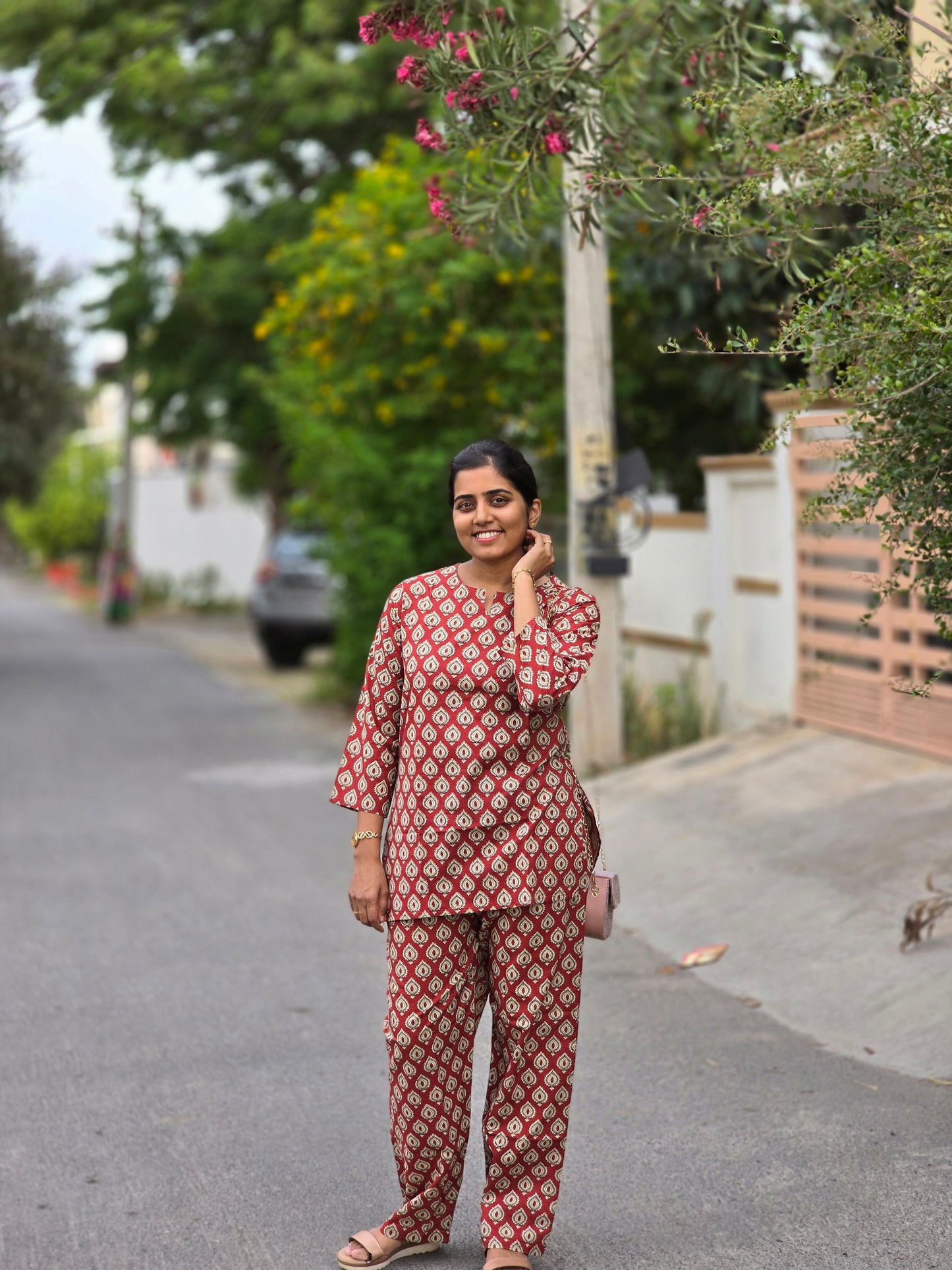 Maroon block print Coord set