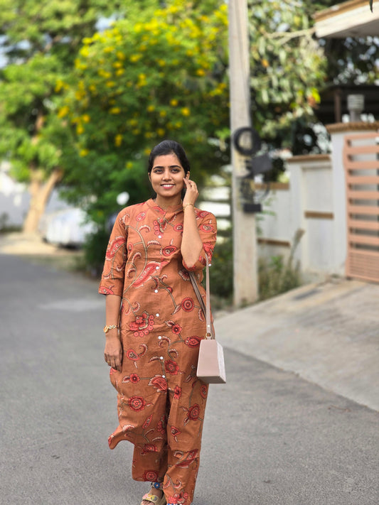 Orange peach bold botanical design kurti set