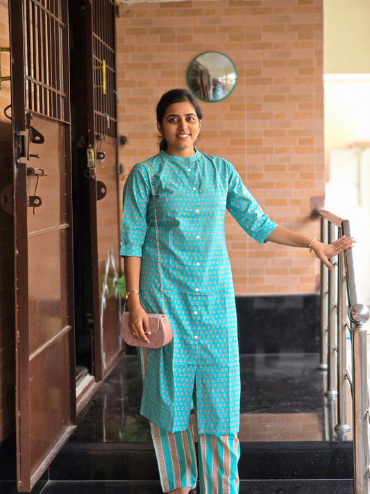 Aqua blue tiny flowers kurti set