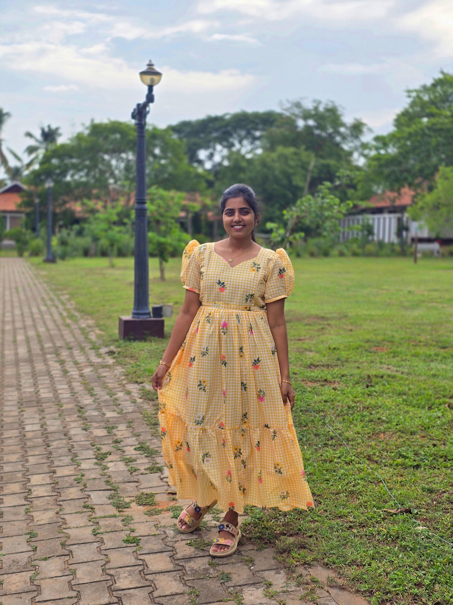 Yellow floral checked Cotton Maxi