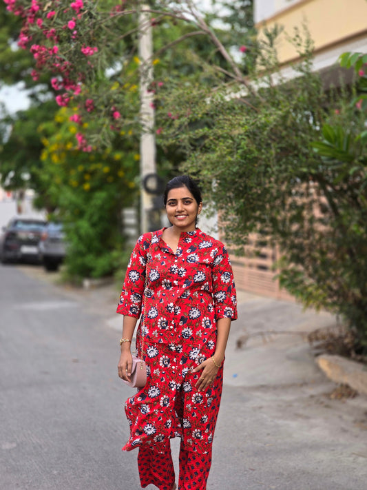 Red Floral print kurti set