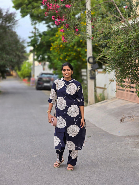 Navy Blue with white Big Flowers kurti set