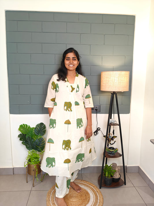 Mehandi Green Elephant & Umbrella printed Kurti Set with Lining