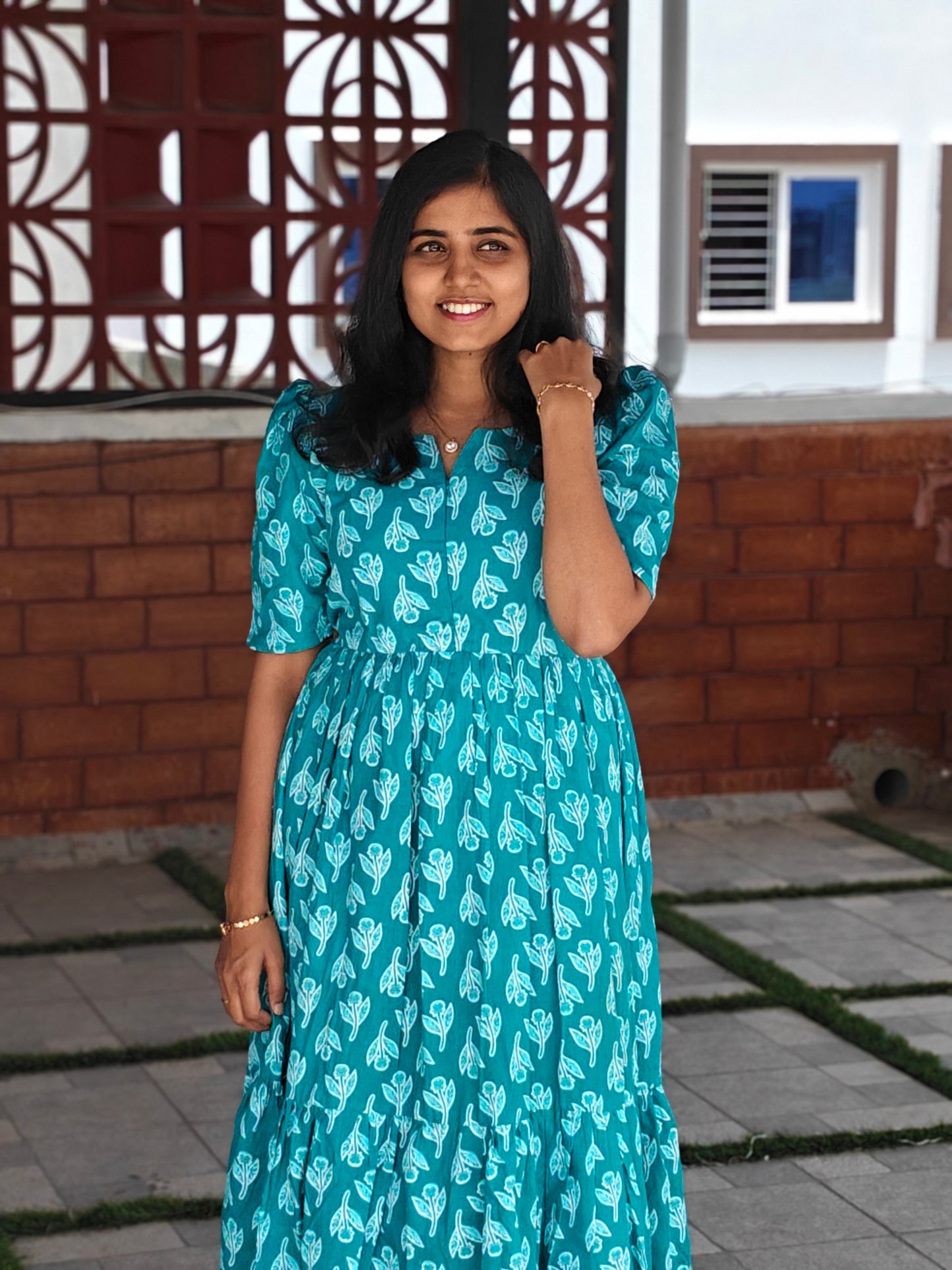 Teal Blue floral Center Zip Maxi
