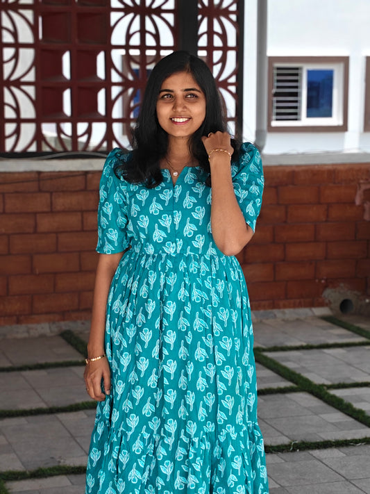 Teal Blue floral Center Zip Maxi