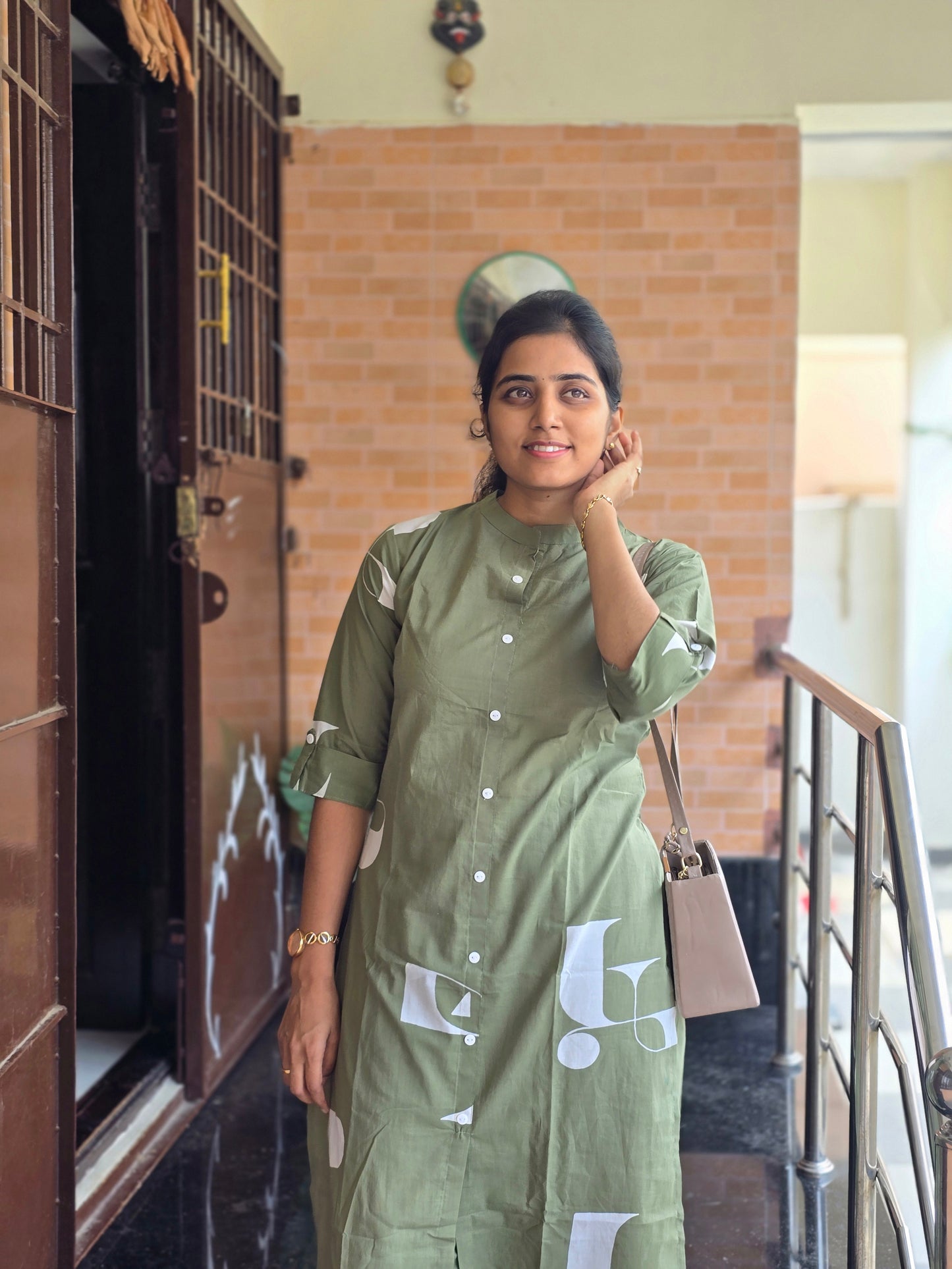 Green white kurti set