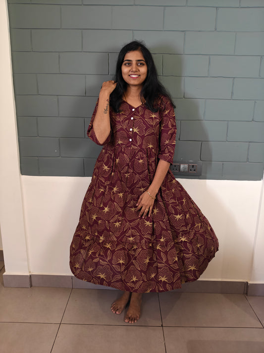 Wine & gold toned leaf floral print frock maxi