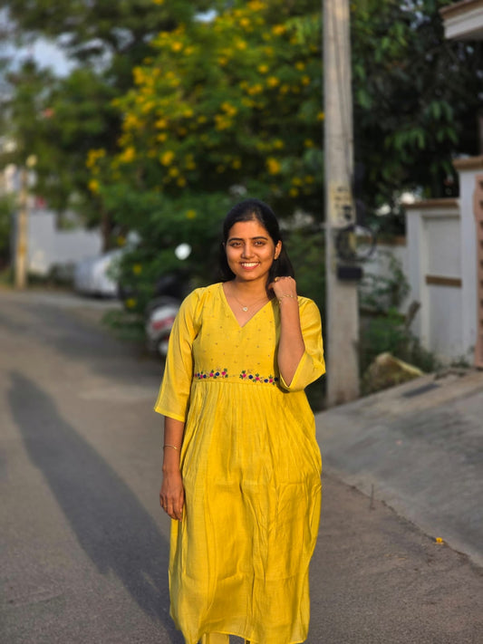 Lemon Yellow cut beads & thread embroidery kurti set