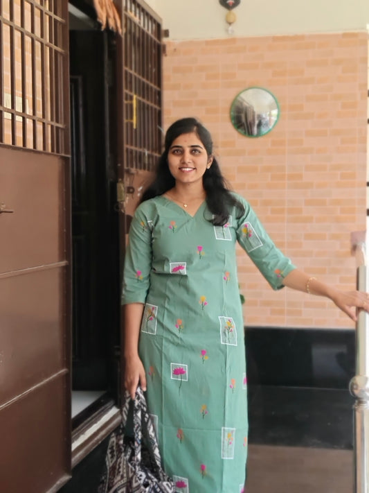 Sage green Lotus print cotton Kurti Set with Lining